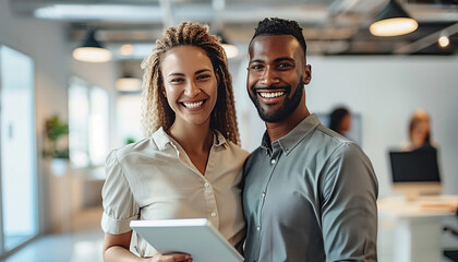 a close-up image of two happy business colleagues standing in an office, with one holding a tablet and both smiling at the camera, multiracial, Teamwork, Office, Occupation, Happy