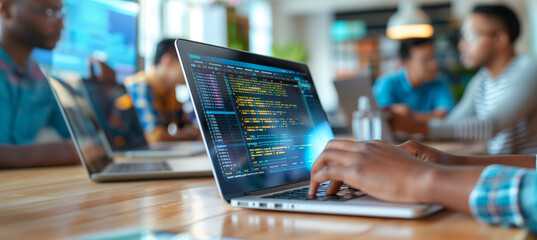 a close-up image of a software tester typing on a laptop with testing software on the screen, while colleagues discuss results in the background, multiracial, Teamwork, Office, Occ