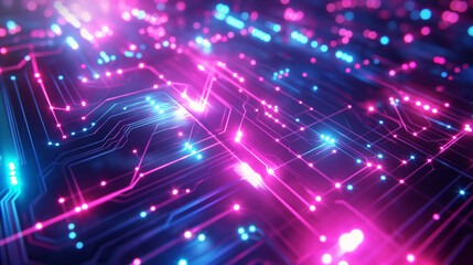 Abstract technology background Neon circuit board with bokeh effect High tech and dark background connection system with binary code and circuits. 3D rendering.