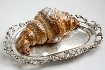 Poster - Delicious french croissant served on a vintage silver tray against a white background, representing the elegant and indulgent tradition of european patisserie and teatime