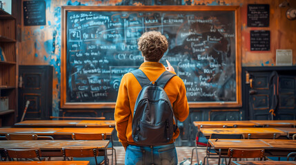 student with a backpack stands in front of a blackboard filled with complex equations and notes, indicating a classroom or learning environment.