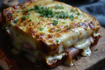 Sticker - Delicious closeup view of a classic croque monsieur with melted cheese