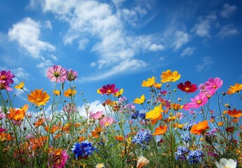 Wall Mural - A field of blooming wildflowers under a bright blue sky, teeming with vibrant colors. This idyllic setting is perfect for placing text about growth, renewal, and the beauty of life's journey.