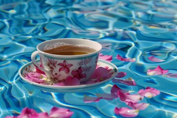 Serene floral tea cup floating on tranquil water surface