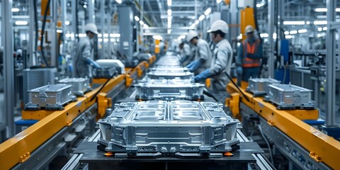 Wall Mural - Busy factory assembly line with workers assembling electric car batteries in an industrial manufacturing environment. Concept Factory Assembly Line, Industrial Manufacturing, Electric Car Batteries