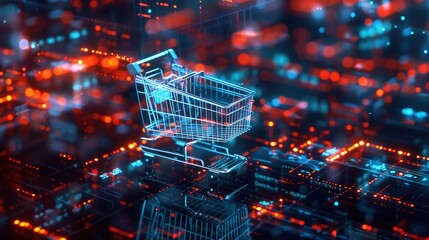 A shopping cart hologram on a digital space background, technological and futuristic e-commerce background image