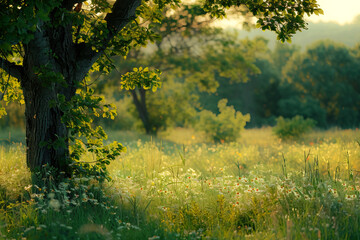 Wall Mural - Summer green rural meadow with field plants and grass, countryside seasonal landscape with sun