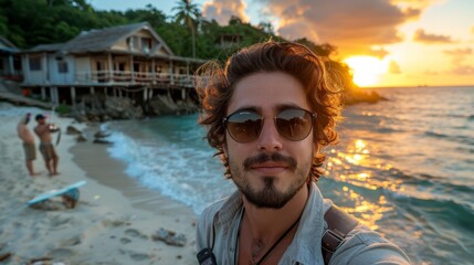 A young male travel video blogger vlogger wearing sunglasses takes selfies against the backdrop of a beach on a tropical island