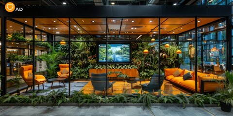 Wall Mural - High-tech office interior with transparent glass walls, Cozy co-working, modern ergonomic furniture and potted plants