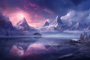 Wall Mural - Mountain lake in Himalayas at sunset, perfect reflection at sunrise, snowy mountains, hills, fog over the lake, AI generated