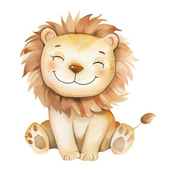 watercolor illustration of a smiling lion. drawing of cute cartoon character for children's room dec