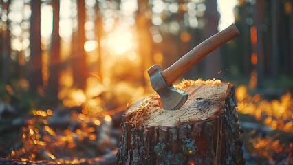 An ax stuck on a cut tree trunk.