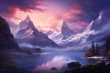 Mountain lake in Himalayas at sunset, perfect reflection at sunrise, snowy mountains, hills, fog over the lake, AI generated