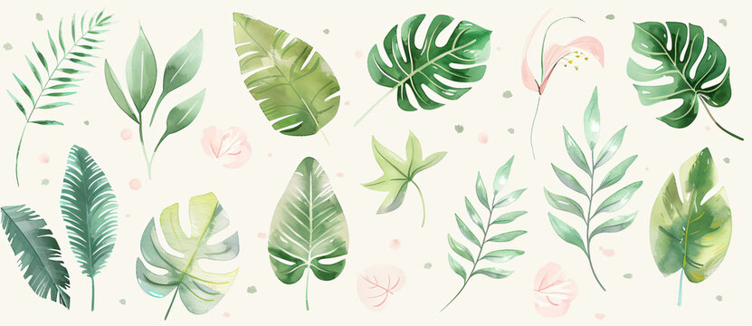 watercolor leaves, tropical foliage collection, various green plants and jungle vegetation elements isolated on white background