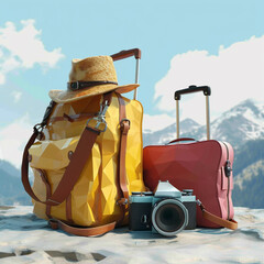 Wall Mural - Two classic style travel bags with some other travel gear. 3d low poly image travel concept.