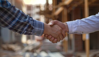 Wall Mural - Two men shake hands in a business setting by AI generated image