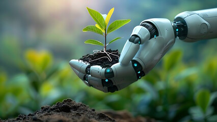 Wall Mural - Robot hand holding plant. Artificial Intelligence Technology in Agriculture.
