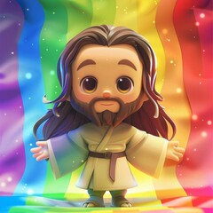 3D rendering of Jesus Christ with open arms in front of a rainbow background.