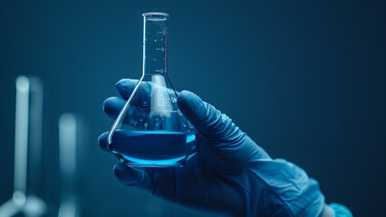 Scientist's hand holding glass test tube in research laboratory on blue background.