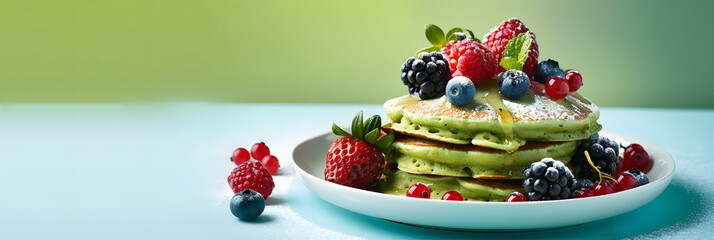 Wall Mural - Colorful background with a plate featuring delicious green pancakes topped with berries perfect for a copy space image