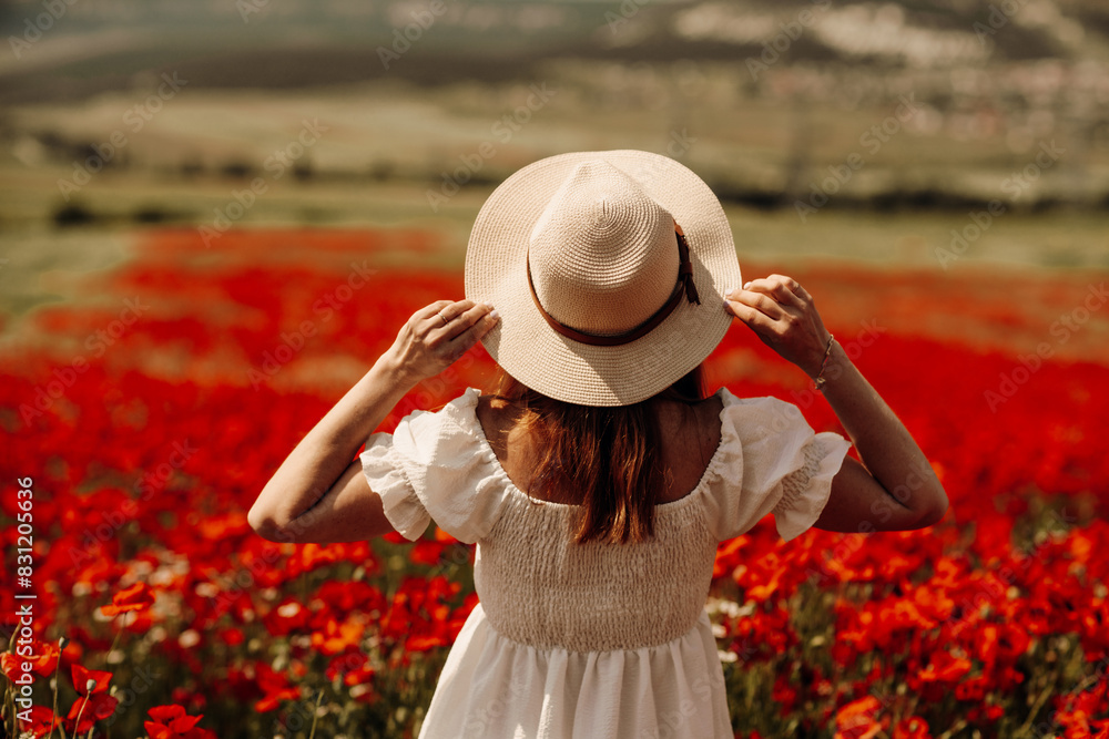 Field poppies woman. Happy woman in a white dress and hat stand through ...