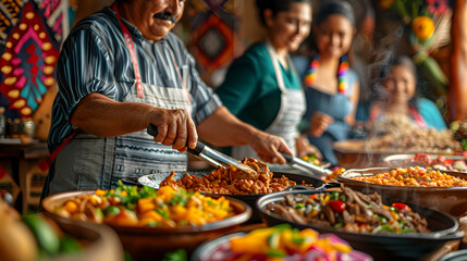 Photo realistic family cooking traditional Hispanic dishes with festive backdrop illustrating cultural heritage and culinary traditions   High resolution image in Adobe Stock