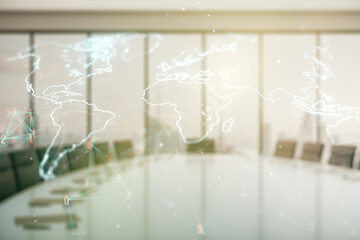 Wall Mural - abstract creative digital world map on a modern coworking room background, globalization concept. mu