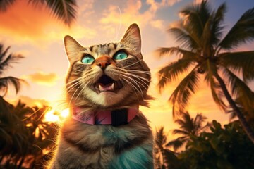 Portrait of a smiling singapura cat isolated in beautiful beach sunset