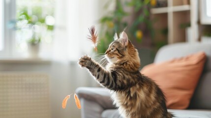 Wall Mural - Fluffy fat cat playing with a feather toy in a bright, airy living room.