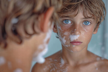 Wall Mural - A boy with blue eyes and a messy face is looking at the camera