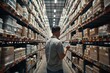 © Ilia Nesolenyi - A man standing in a warehouse holding a tablet, scanning barcode labels amidst tall shelves filled with stock