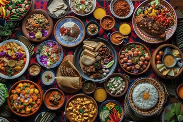 Wall Mural - A wide-angle view of a vibrant and colorful table filled with traditional dishes from various cultural backgrounds
