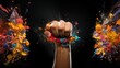 © AS Photo Family - A powerful fist is central to an explosion of vivid colors on a black background, symbolizing strength and creativity