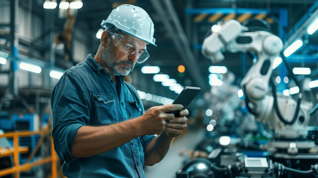 worker or engineer man wearing a security hemet working in a modern factory with a phone, controllin