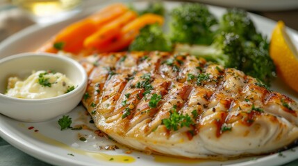 Wall Mural - Grilled fish served with a side of garlic butter sauce and steamed vegetables, presenting a classic and mouthwatering seafood dish