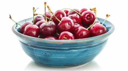 Wall Mural - Fresh cherry berries in a bowl on a white background. The concept of a healthy diet and support for local producers. Close-up.