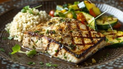 Wall Mural - Grilled swordfish steak with a citrus herb marinade, served with couscous salad and grilled zucchini, providing a light and refreshing seafood option