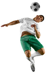 Dynamic shot of soccer player jumps in mid-air prepares to head soccer ball, with his body twisted in motion against transparent background. Concept of sport, competition, tournament, energy