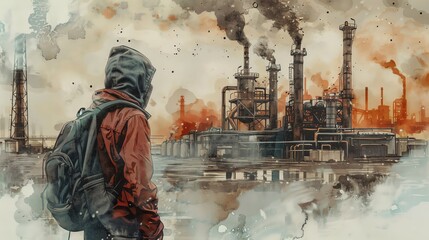 A watercolor painting of an emaciated young man wearing a balaclava and backpack standing in front of the factory, an industrial landscape, smoke coming from pipes, burning buildings in the background