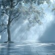 © ers - Abstract room background with light blue sky gradient with blue shadows on the sides. Trees blur the misty floor and convey calm and tranquility.