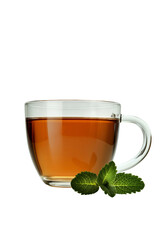 A cup of tea with a mint leaf on top, isolated transparent background