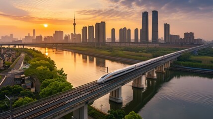 Fototapete - High-speed train crossing a long bridge over a river, with the city skyline in the distance, capturing the integration of urban and natural landscapes