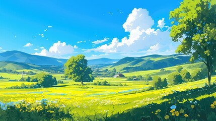 Canvas Print - A charming cartoon 2d illustration captures a tranquil spring scene of lush green fields majestic mountains and a clear blue sky