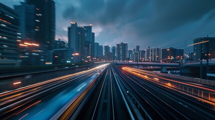 Poster - High-speed train in motion at dusk, with city lights beginning to twinkle, creating a stunning contrast between the train's sleek design and the urban backdrop
