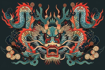 Wall Mural - Colorful traditional dragon illustration showcasing intricate detail and vibrant colors against a black background, representing Asian art.