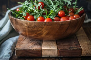 Wall Mural - Fresh arugula and cherry tomato salad in wooden bowl on rustic table
