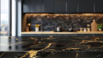 Wall Mural - Black marble empty tabletop. Countertop with gold details for product presentation. Luxury mockup with blur background.
