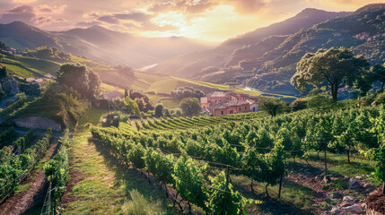 Wall Mural - Vineyards grape farm with grapevine at sunset and mountain background.