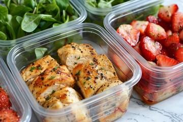 Healthy meal prep containers with grilled chicken, strawberries, and greens