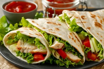 Wall Mural - Fresh chicken quesadillas with vegetables on a plate